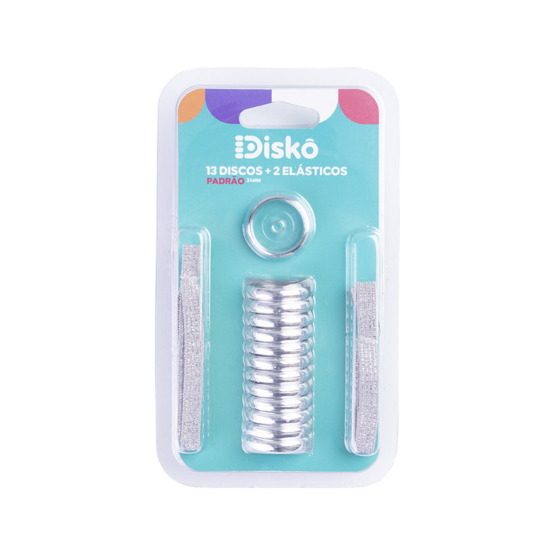 KIT 13 DISCOS + ELASTICO METALIZADO SILVER 24MM