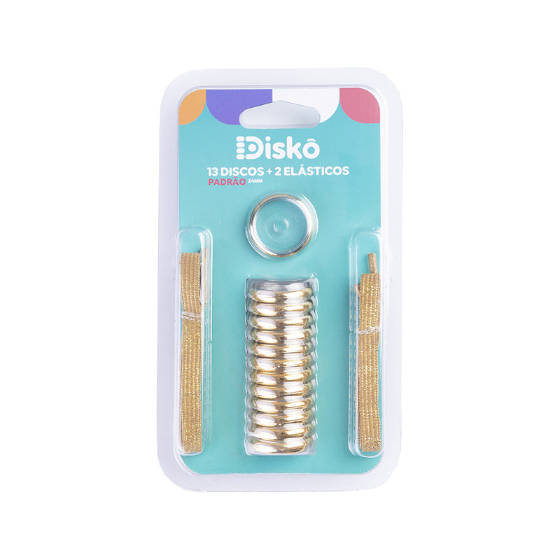 KIT 13 DISCOS + ELASTICO METALIZADO GOLD 24MM