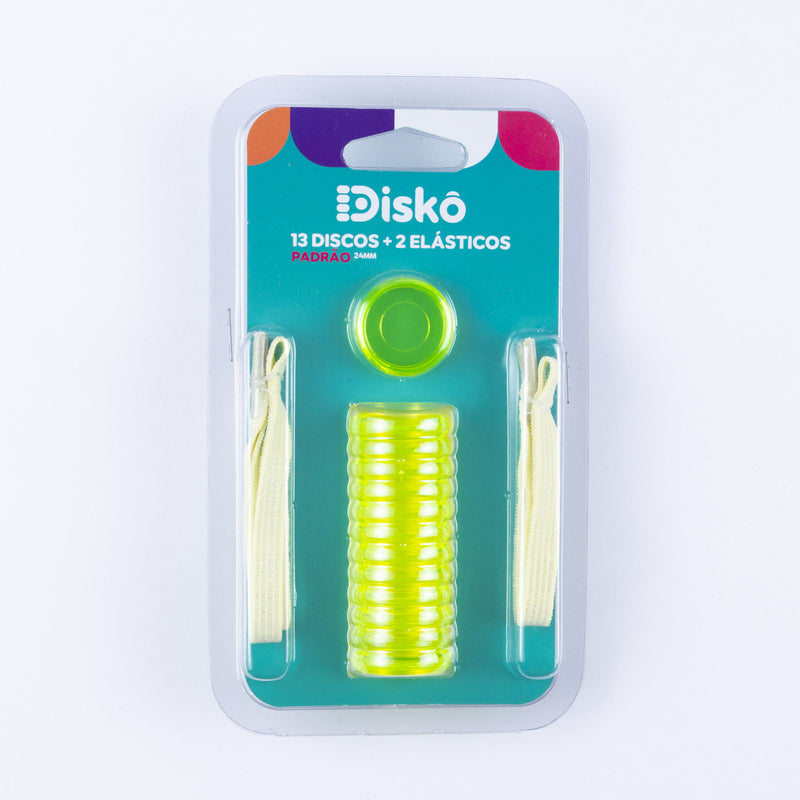 KIT 13 DISCOS + ELASTICO AMARELO TRANSLUCIDO NEON 24MM